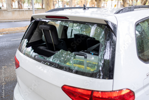Obraz na płótnie Broken rear window after theft  a stolen car's unfortunate aftermath