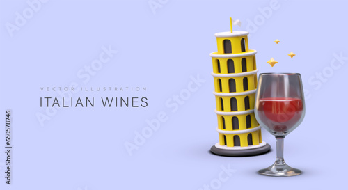 Wines of Italy. 3D Leaning Tower of Pisa, glass of red wine, stars. Romantic dinner for couple, vacation in Italy. Aromatic alcoholic drink. Wine tours, trips to vineyards