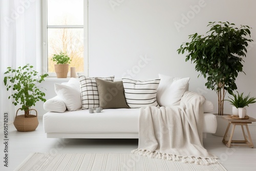 White sofa, Plaid, Cushions, Knitted rug, Grid window, Green houseplants. Scandinavian, hygge interior design in modern living room.