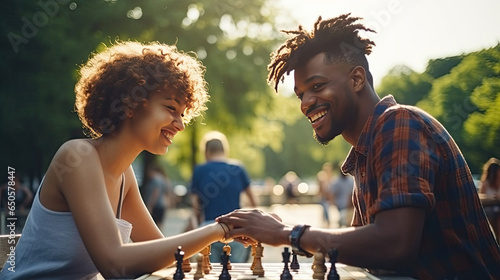 couple holding hands over chess board in park