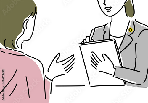 女性にヒアリングする女性弁護士のシンプル線画