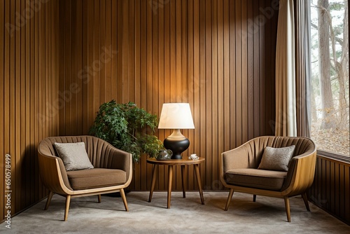 Two barrel chairs, Round wooden coffee table, Window, Paneling wall, Curtain. Mid-century home interior design in modern living room.