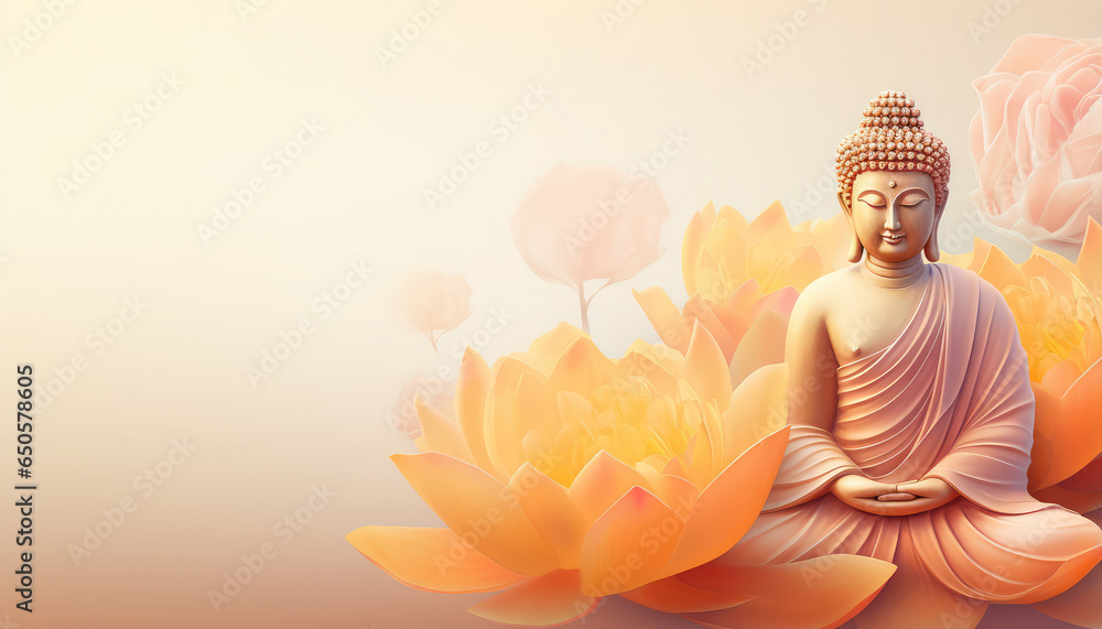 golden glowing buddha and a colorful crystal glowing flowers in the white background