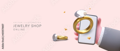 Jewelry store online. 3D hand holding smartphone. User chooses engagement ring with precious stone. Horizontal concept for jewelry site, application. Place for text