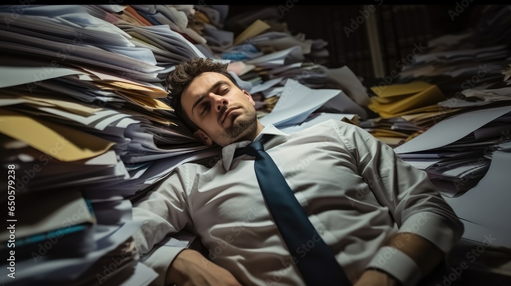 Businessman sleeping on stack of files in office.