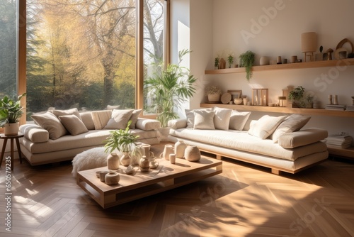 Living room with wooden elements at modern home.