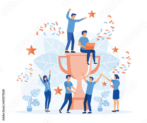 Success team concept, people celebrate success achievment, flat vector modern illustration