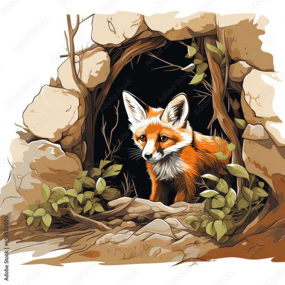 Obraz premium Curious Fox investigates a hidden den in cartoon style