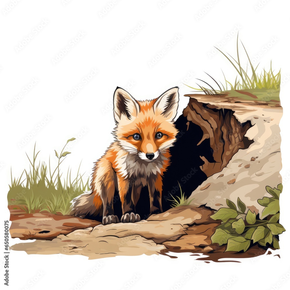 Obraz premium Curious Fox investigates a hidden den in cartoon style