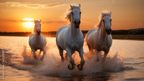 White horses running on water at sunset.