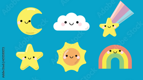 Set of cute kawaii sky Objects. The set contains six cute objects such as falling star, rainbow, star, moon, cloud and sun, for kids, baby book, fairy tales, covers, baby shower invitation.