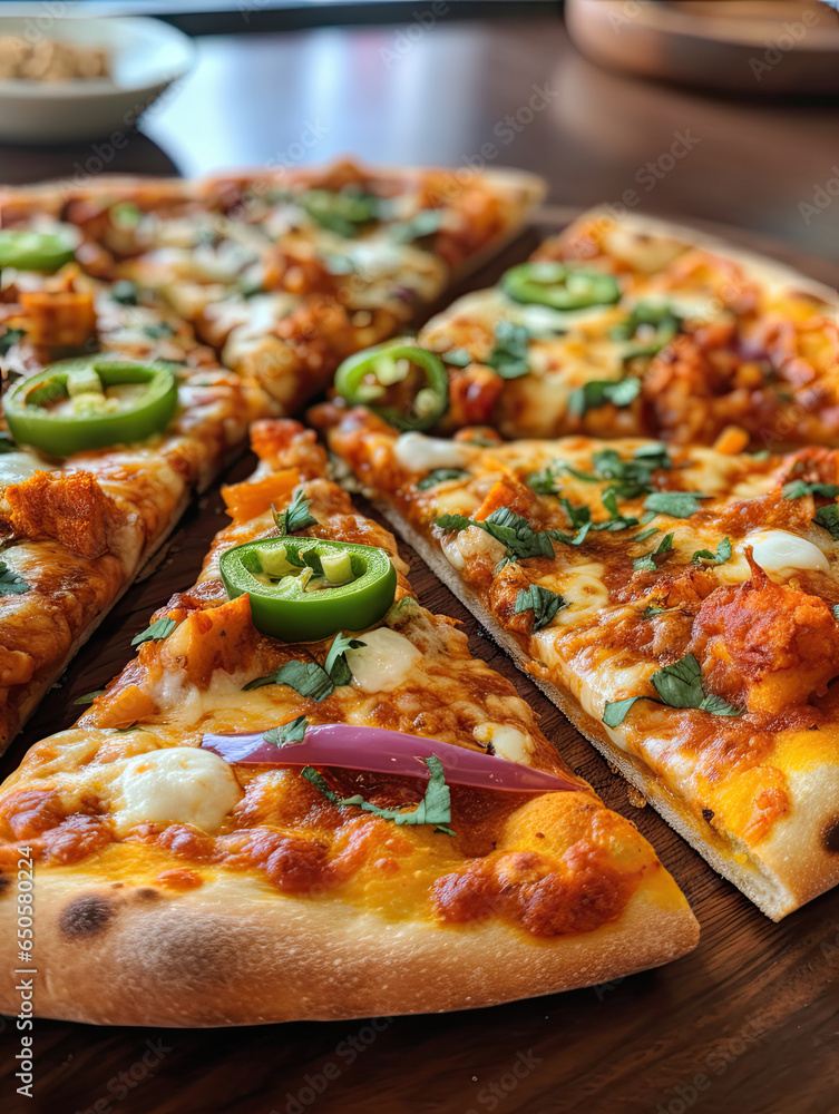 A pizza with chicken on it and a bowl of rice on the side A pizza with chicken on it and a bowl of rice on the side
