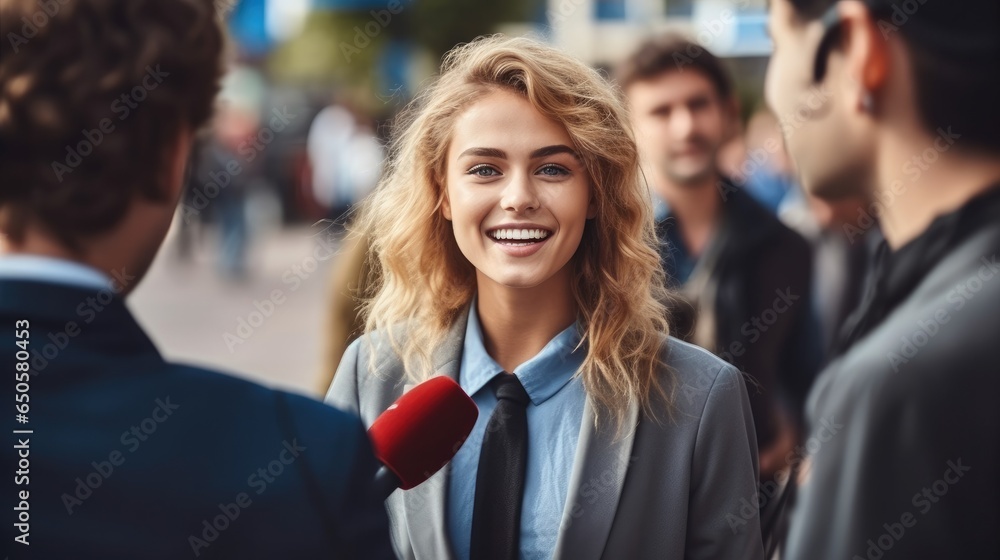 Young politician woman during interviewed live by a tv broadcast channel. Young politician woman during interviewed live by a tv broadcast channel.