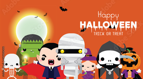 Happy Halloween! Halloween Kids Costume Party. Group of kids in Halloween costume. Halloween cute character monster set against full moon light. Vector illustration.
