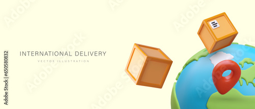 Poster with 3d planet Earth, different parcels and pin. Advertising placard with place for text for postal company. International delivery concept. Colorful vector illustration