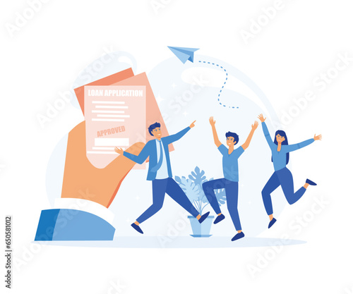 Mortgage or credit form with stamp approved. Hand holds loan approval application paper sheets document. flat vector modern illustration