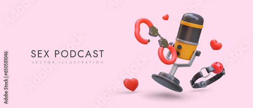 Podcast about sex. Realistic microphone, soft handcuffs, breathable gag with collar, hearts. Safe sex games. Domination, submission, BDSM. Horizontal color template with text