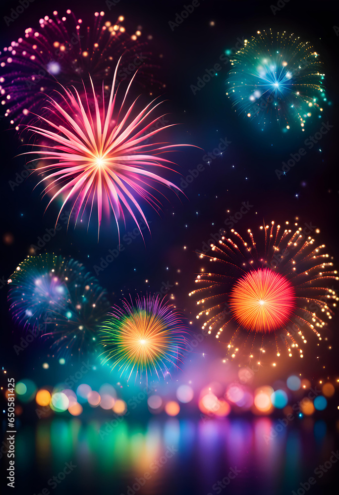 Fototapeta premium Abstract colorful bokeh background and fireworks. Christmas eve, new year, holiday concept.