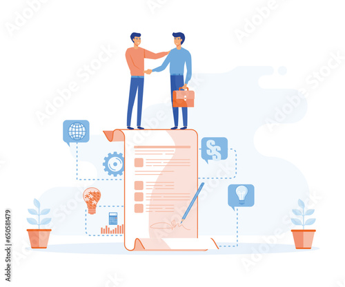 Business agreement concept, Business people standing on a signed contract, flat vector modern illustration 