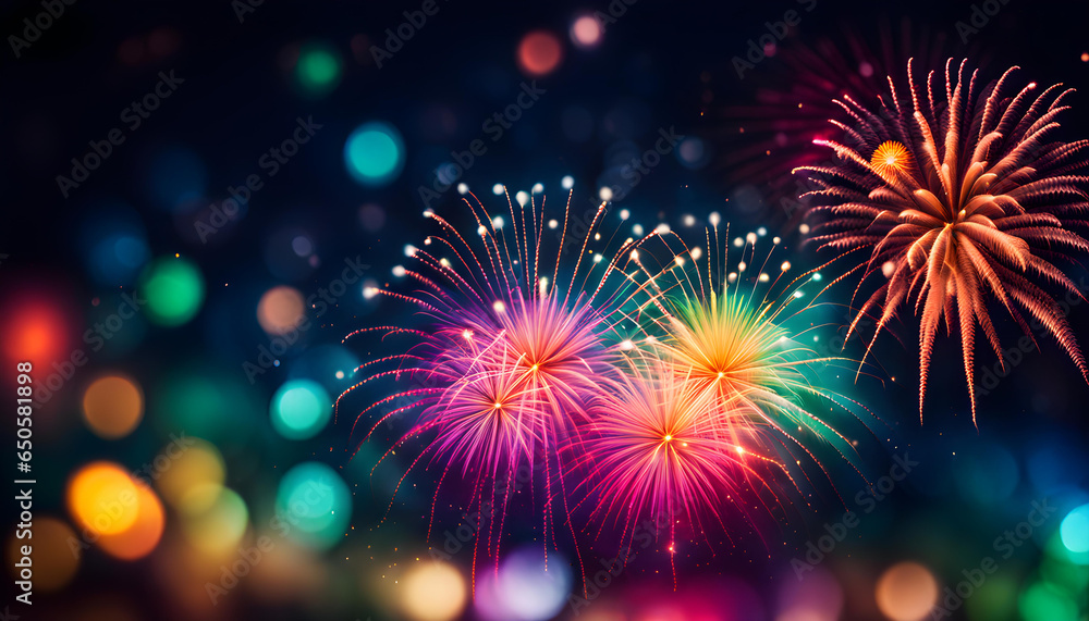 Abstract colorful bokeh background and fireworks. Christmas eve, new year, holiday concept.