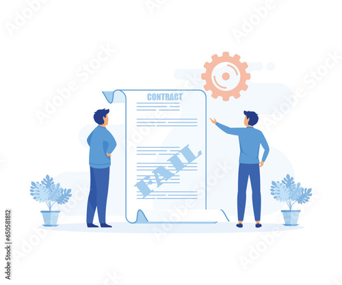 Cancellation of a contract, termination of an agreement. Two man on suit tearing contract. flat vector modern illustration  