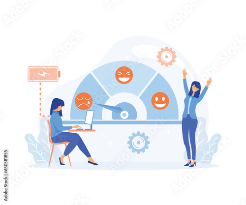 Low Stress level, good mood indicator.  Fully charged active girl. Mentally healthy employee. flat vector modern illustration 