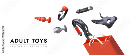Realistic toys for adults. Assortment of sex shop. Red bag, whip, mask, anal plug, gag, vibrator. Spicy games. Concept on white background, advertising vector template