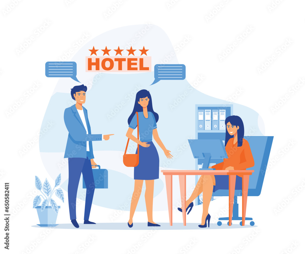 Receptionist job concept, Customer consulting manager at reception. Tourists checking in to hotel, flat vector modern illustration Receptionist job concept, Customer consulting manager at reception. Tourists checking in to hotel, flat vector modern illustration