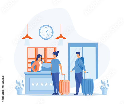 Receptionist welcomes the guest. Woman with suitcases is standing at reception desk. Check into hotel. flat vector modern illustration 
