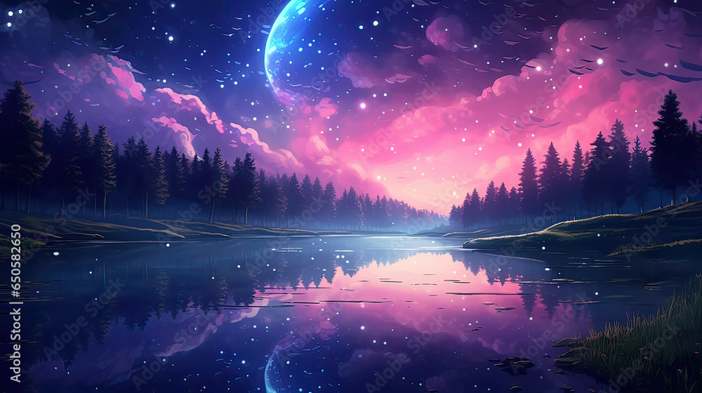 Anime-inspired serene lake, with reflections of pastel-colored stars. AI generative Anime-inspired serene lake, with reflections of pastel-colored stars. AI generative