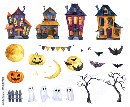 Set of watercolor illustrations for Halloween. Hand drawn haunted houses, trees, bats, moon, ghosts, scary pumpkins, garland.