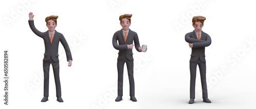 Set of realistic male characters in different poses. Vector man in business suit waving, showing smartphone, standing thoughtfully. Isolated illustrations