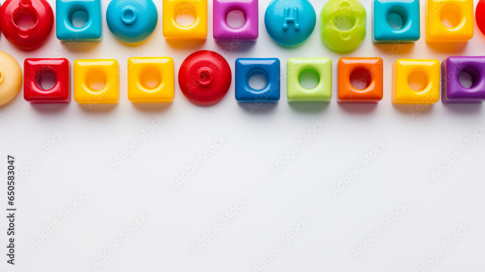 Fototapeta premium Colorful plastic bricks for kid, toddler, education and learning, toy shop, flat lay, copy space on white background