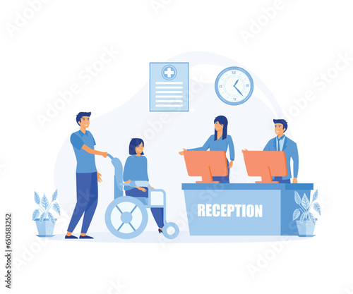 Reception in hospital with patients. Waiting room with disabled man. flat vector modern illustration