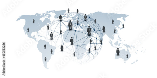 Digital Networks, IT, Global Business Connections - Team Work or Social Media Concept Design with Globe, Connected People and Transparent Polygonal Network Mesh - Template Isolated on White Background