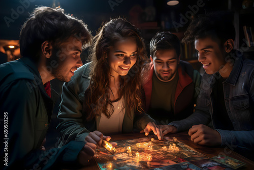 Group of young friends playing board games at night in the living room