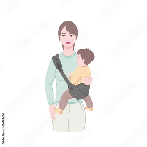 mother with baby in baby sling. Vector Illustration for printing, backgrounds, covers and packaging. Image can be used for greeting cards, posters, stickers and textile. Isolated on white background.