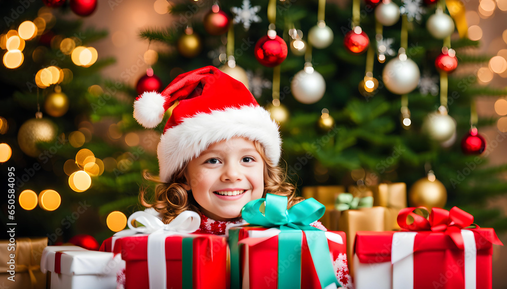 A happy smiling girl wearing a Santa Claus hat and holding a present. A room with a Christmas tree and Christmas decorations. A happy smiling girl wearing a Santa Claus hat and holding a present. A room with a Christmas tree and Christmas decorations.