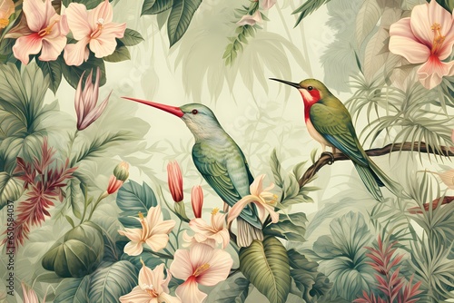 Light green floral pattern with humming- birds photo