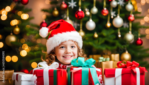 A happy smiling girl wearing a Santa Claus hat and holding a present. A room with a Christmas tree and Christmas decorations. © anmitsu