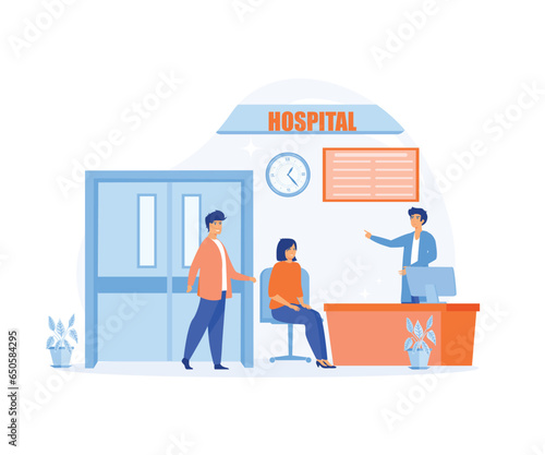 Hospital receptionist, Patients at a hospital reception desk registering and paying at the desk. flat vector modern illustration 