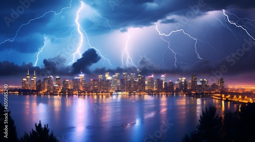 Cityscape Thunderstorm, Lightning Strikes Painting the Night with Electrifying Beauty