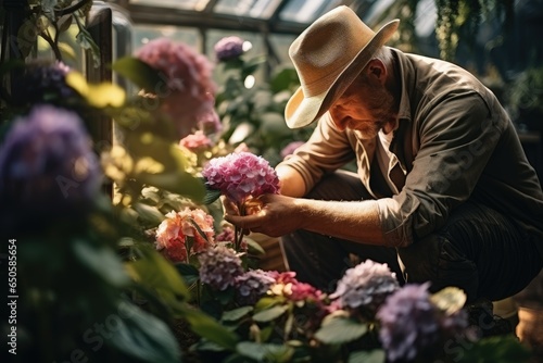  florist working in a greenhouse, growing garden plants in pots, inspecting a blooming hydrangea © VIK