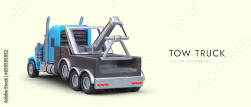 Back view of 3d realistic tow truck. Evacuation and transportation concept. Poster with place for text. Colorful vector illustration in blue and gray colors