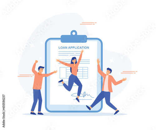 loan approval concept, Mortgage or credit form with stamp approved and happy person jumping. flat vector modern illustration  