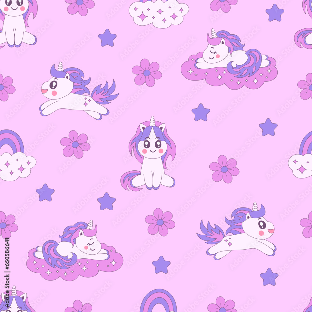 Unicorn rainbow stars seamless pattern. Cute pastel colored childish endless background with fairytale animals and flowers. Girlish repeat vector illustration for baby girls