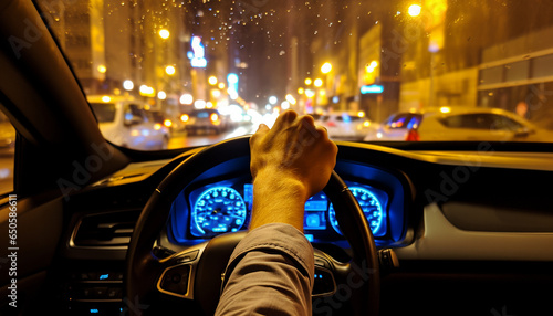 Scene inside a car, focusing on the man's hand on steering wheel. Driver drives through the city at night © Vagengeim