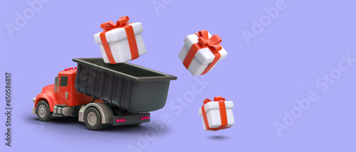 Realistic truck filled with gifts. Generous promotion, bonuses for buyers. Prize draw. Color advertising poster for social networks. Banner on purple background, place for text, link button
