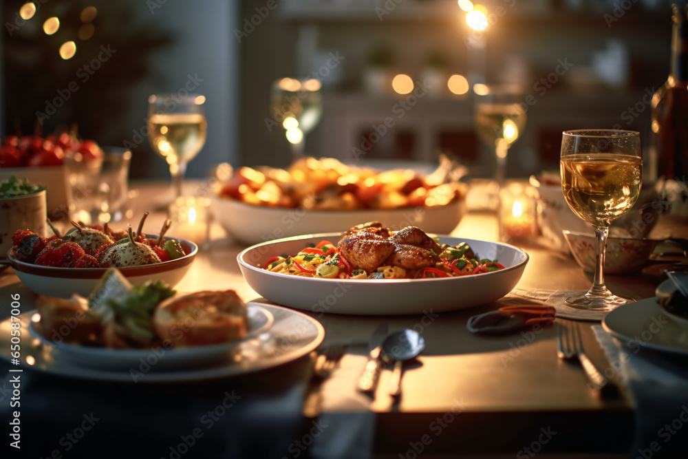 Elegant table setting with candles in restaurant. Selective focus. Romantic dinner setting with candles on table in restaurant.
