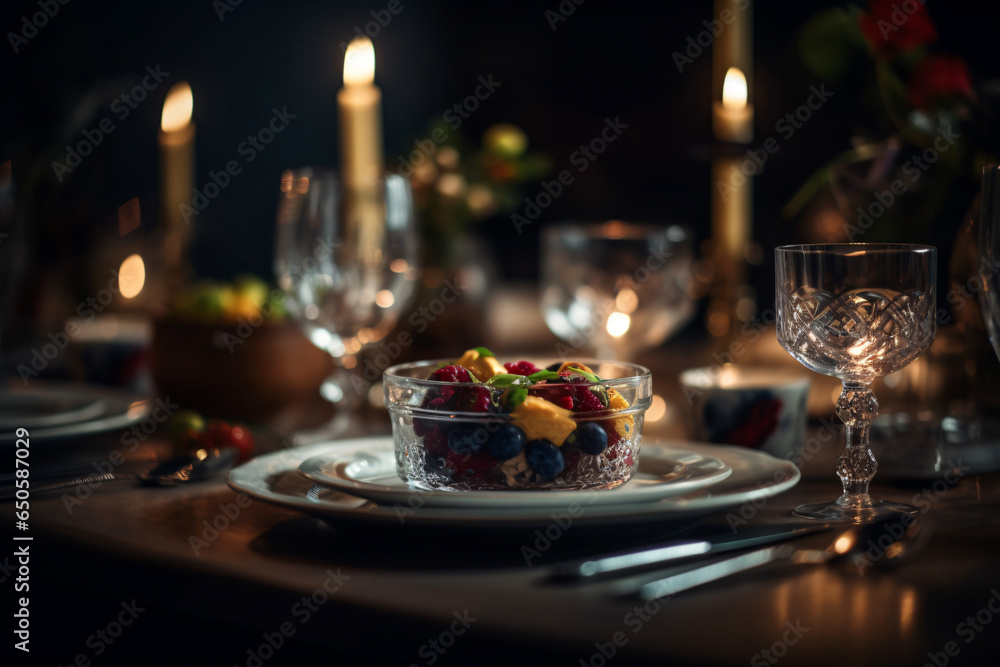 Elegant table setting with candles in restaurant. Selective focus. Romantic dinner setting with candles on table in restaurant.
